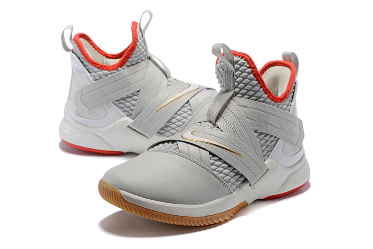Men Nike Lebron Soldier 12 Silver Grey Red Gum Sole Shoes